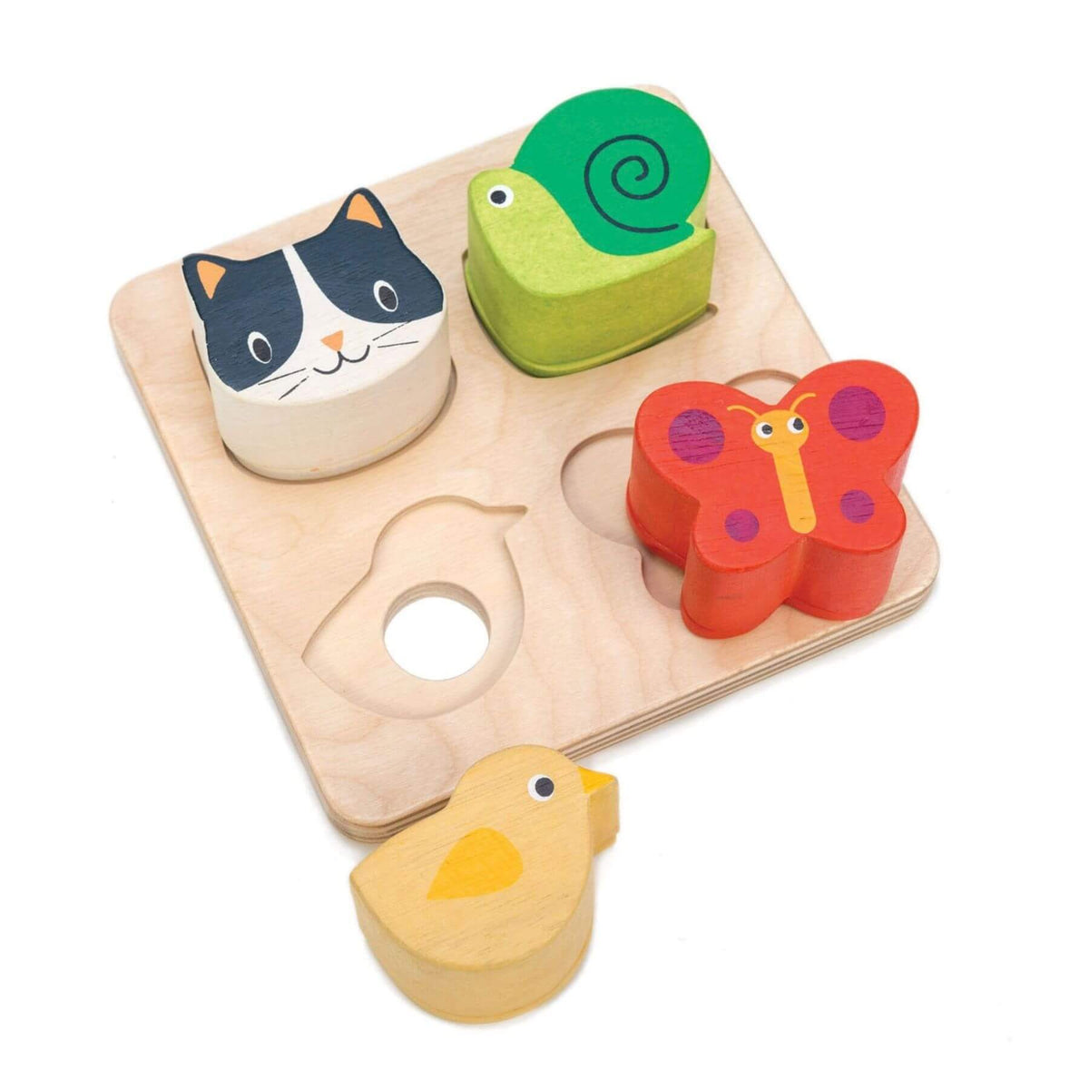 Wooden shape sorting toy with cat, snail, butterfly, and chick shapes on a white background