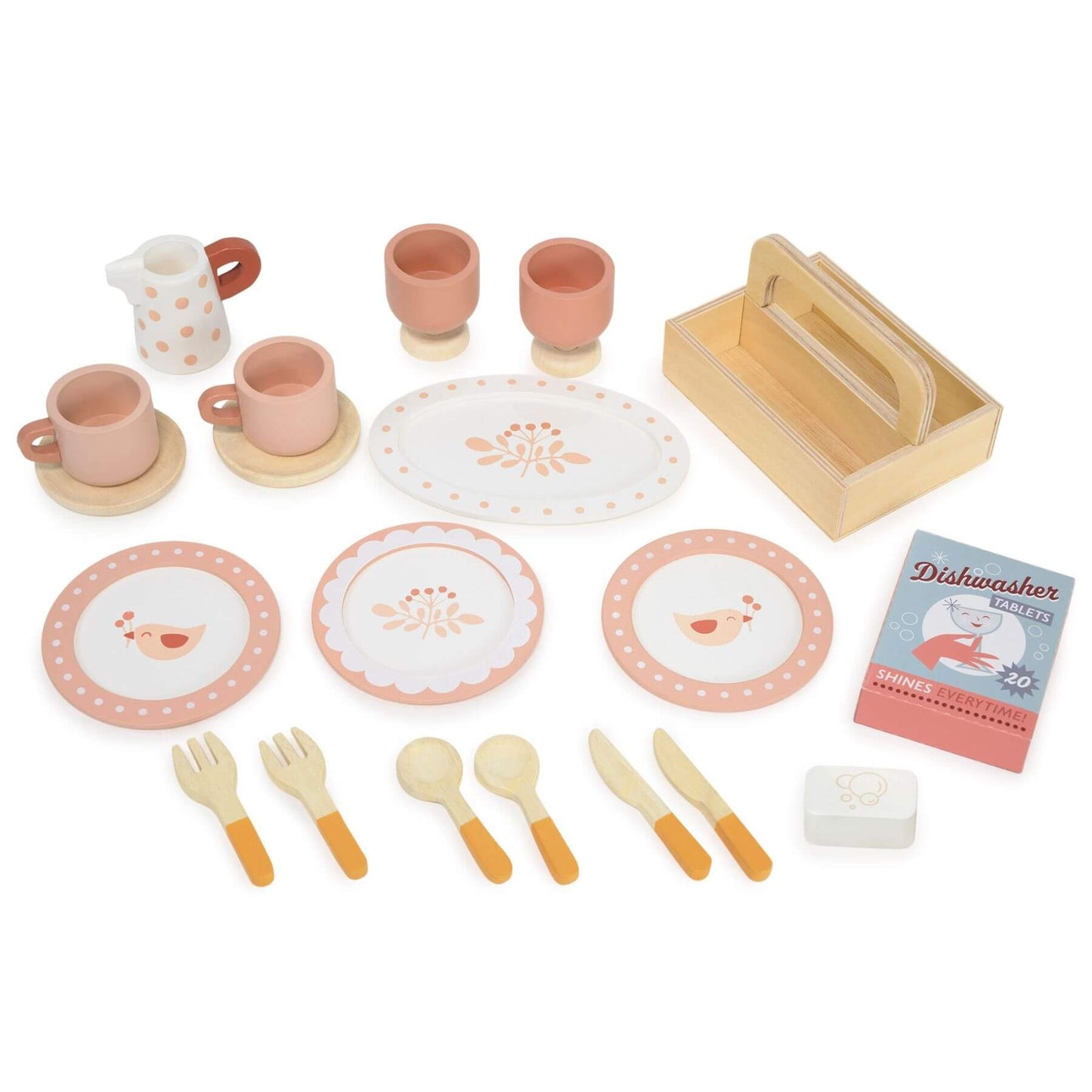 Wooden toy kitchen set with plates, cups, utensils, and a dishwasher on a white background