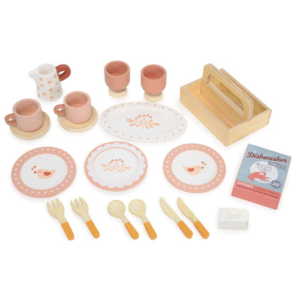 Wooden toy kitchen set with plates, cups, utensils, and a dishwasher on a white background