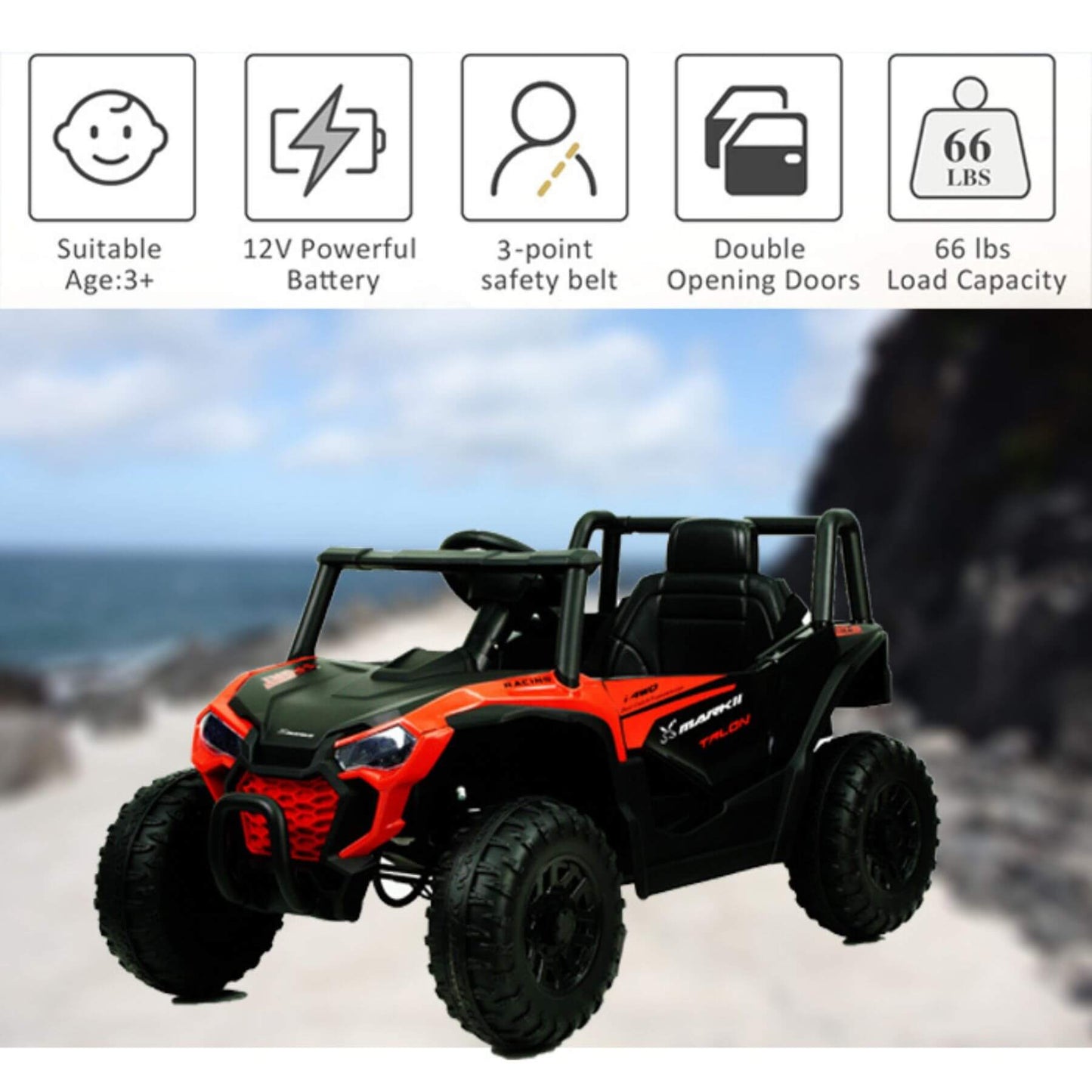 Toy off-road vehicle with features listed above on a scenic background
