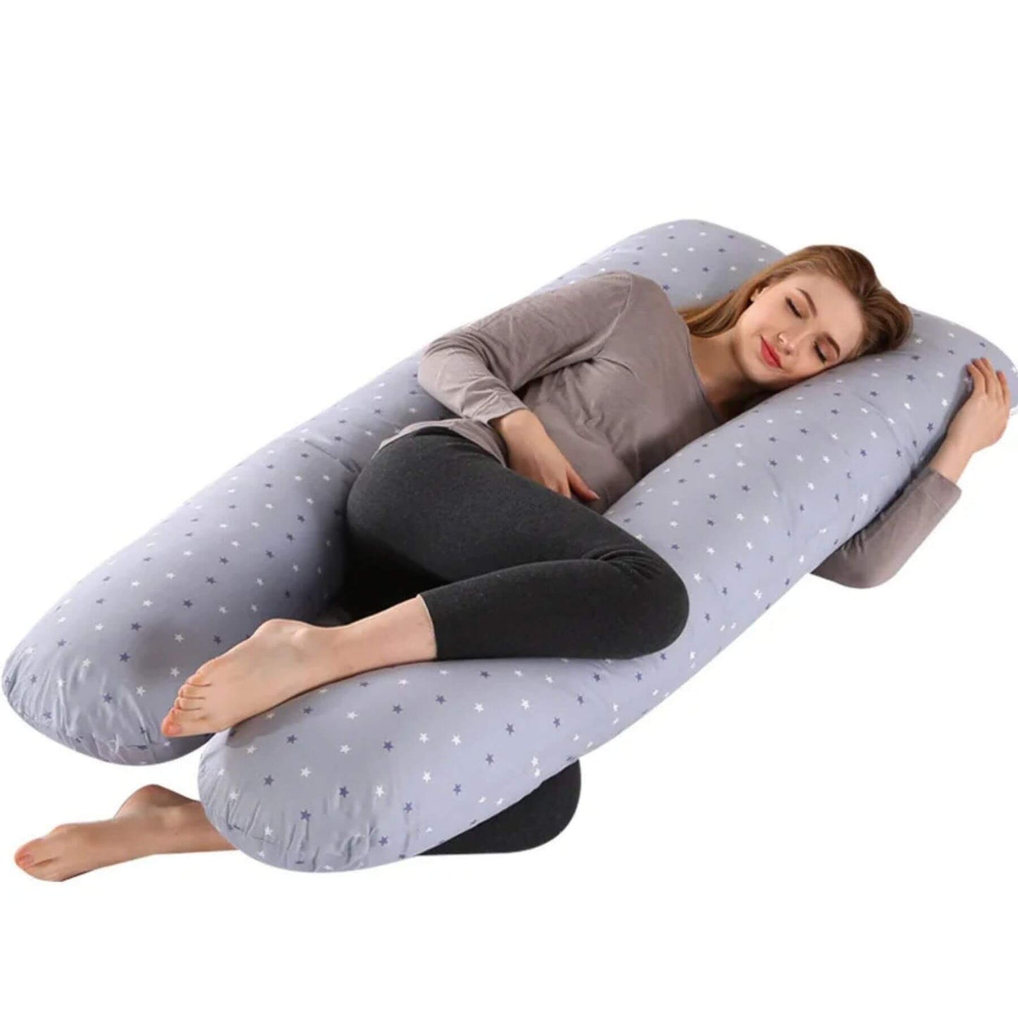 Woman sleeping on RocketBaby USA U-Shaped Multifunctional Maternity Pillow - Gray Star
