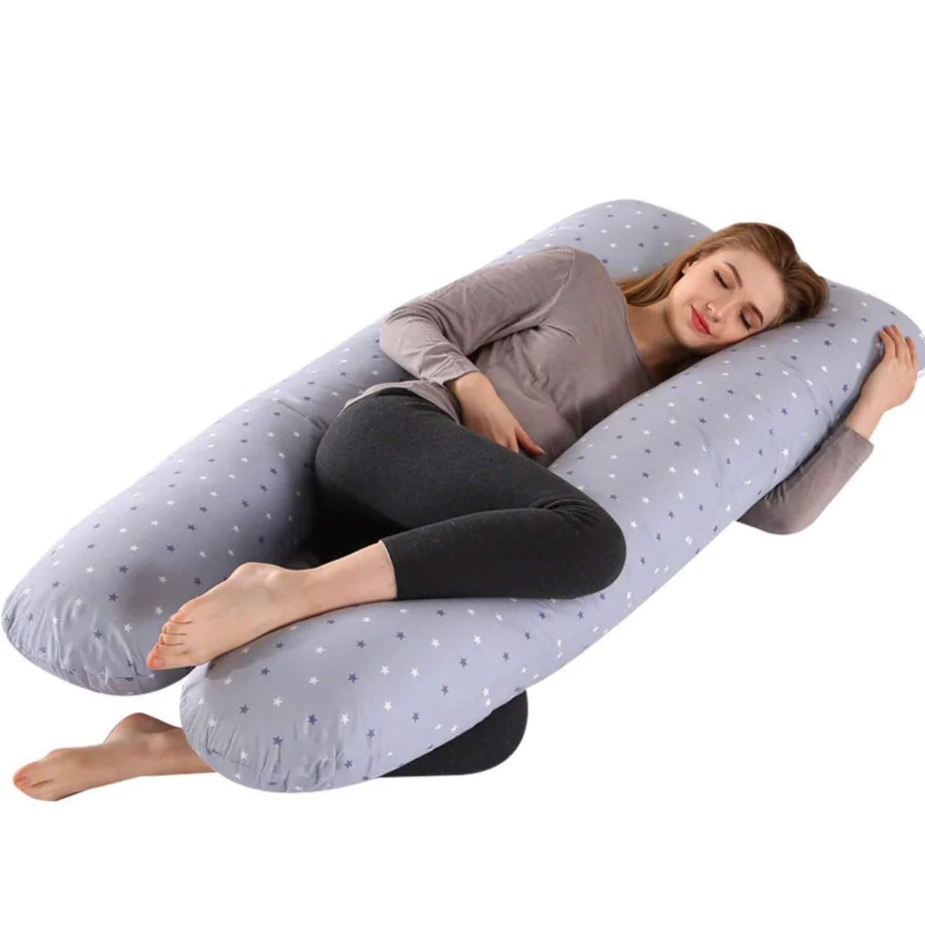Woman sleeping on RocketBaby USA U-Shaped Multifunctional Maternity Pillow - Gray Star