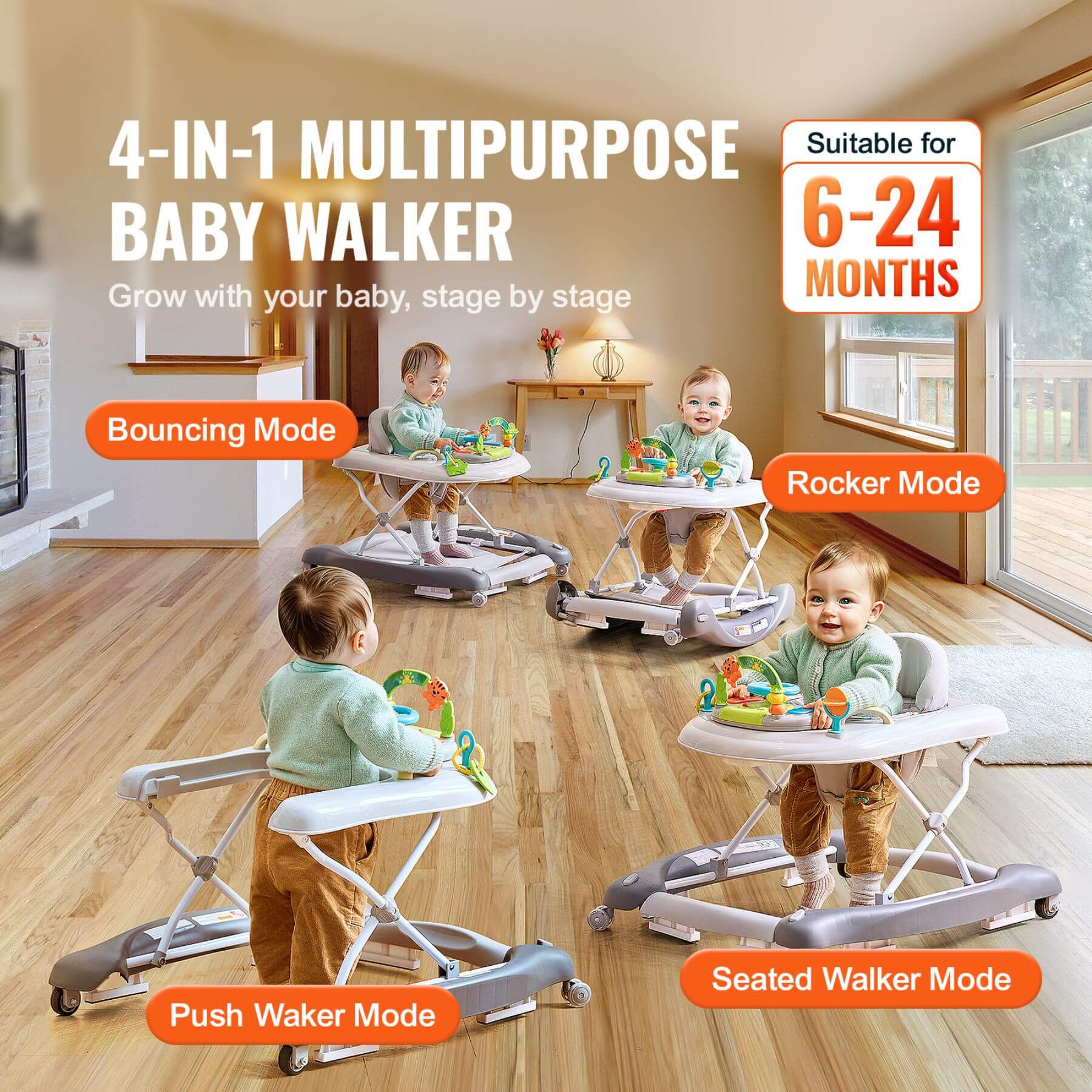 4-in-1 multipurpose baby walker with multiple modes on a wooden floor.