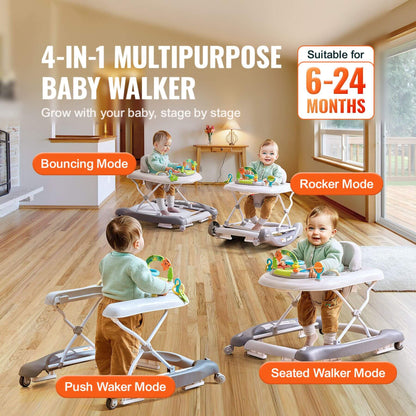 4-in-1 multipurpose baby walker with multiple modes on a wooden floor.