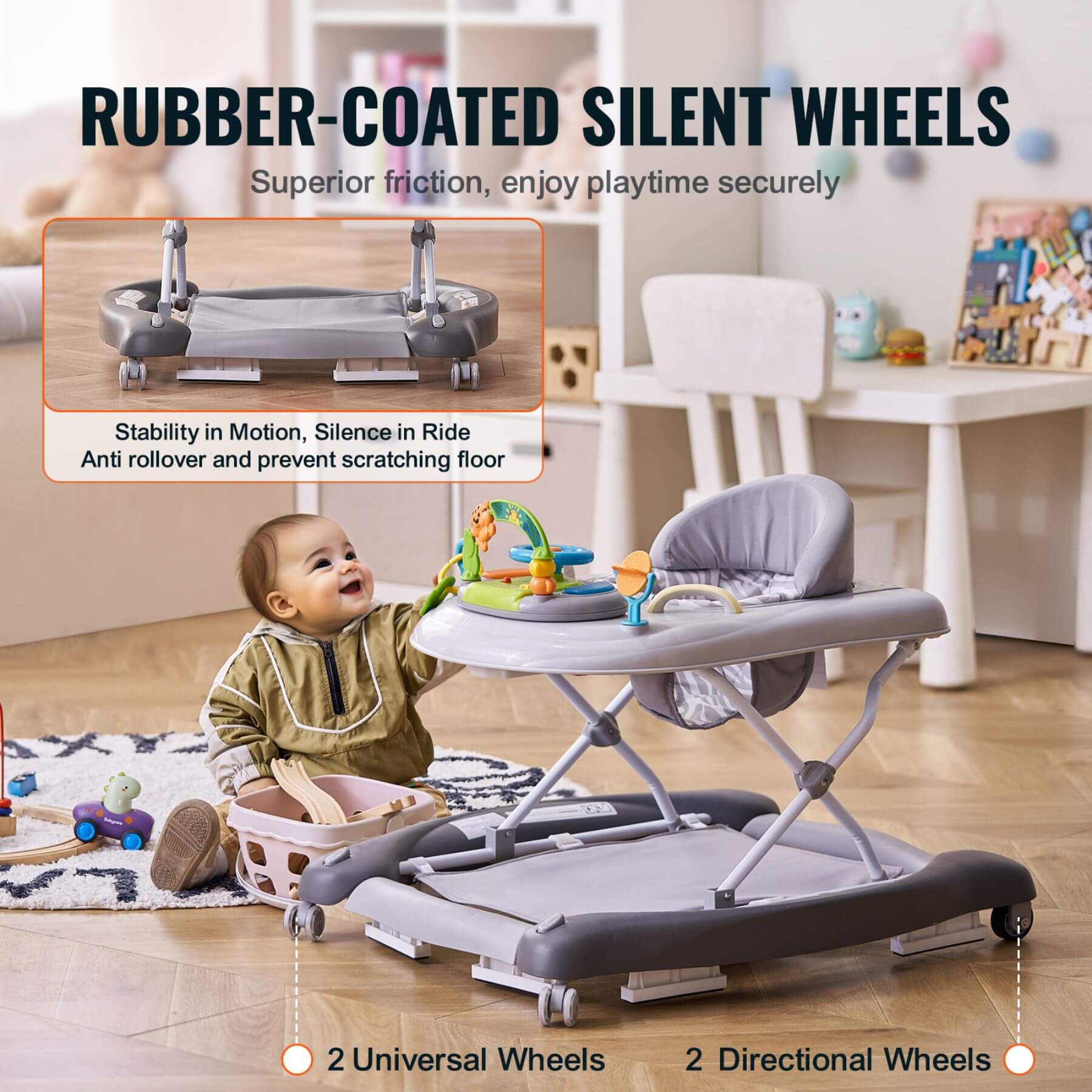 Baby walker with rubber-coated silent wheels in a room setting