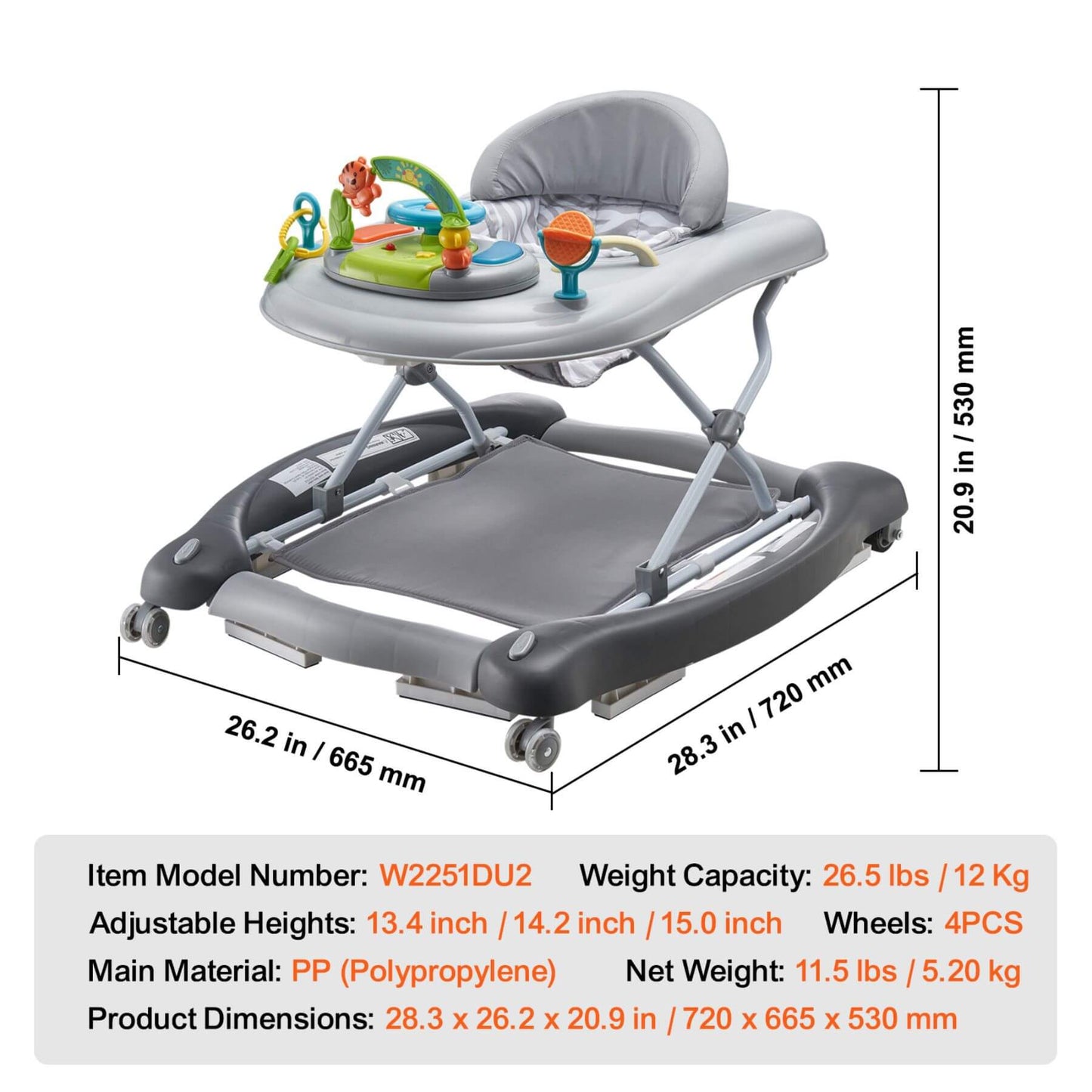 VEVOR 4-in-1 Baby Walker and dimensions on a white background