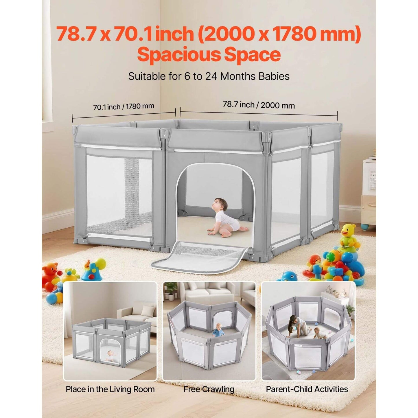 Baby playpen with dimensions and usage scenarios in a living room setting