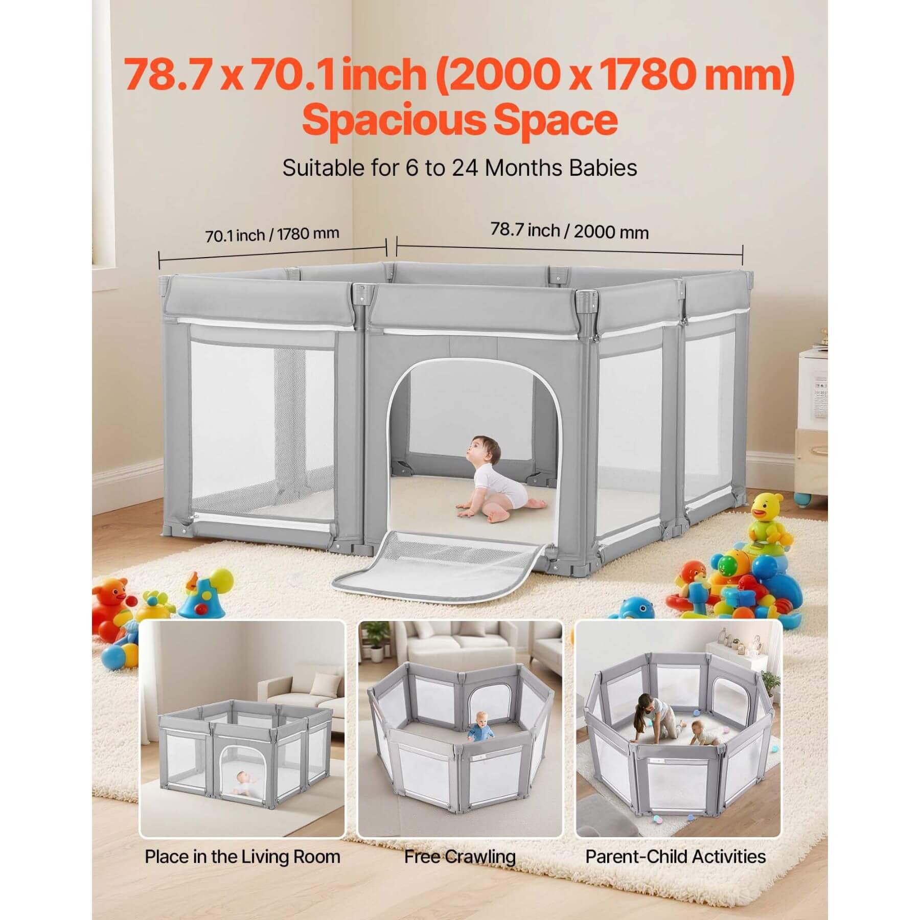 Baby playpen with dimensions and usage scenarios in a living room setting