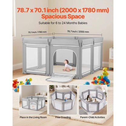 Baby playpen with dimensions and usage scenarios in a living room setting