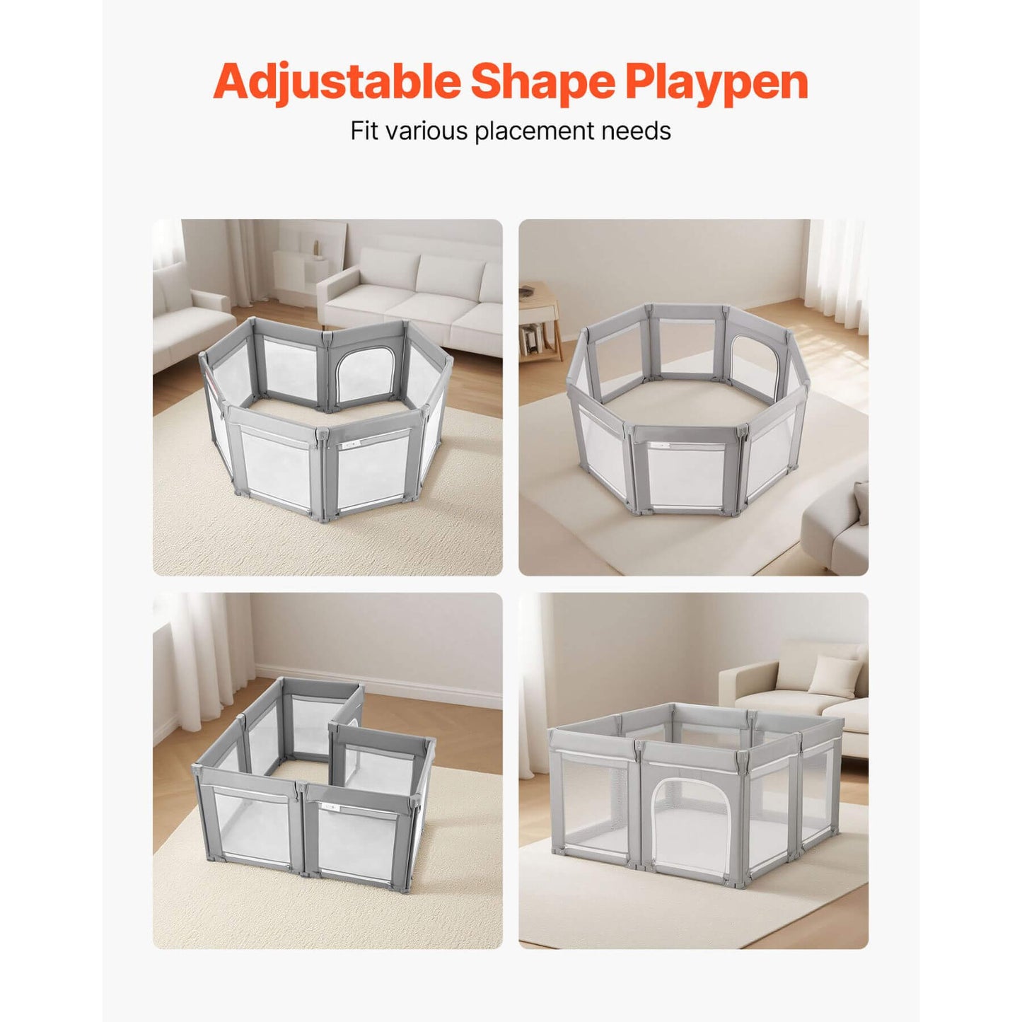 Adjustable shape playpen shown in various configurations in a living room setting.