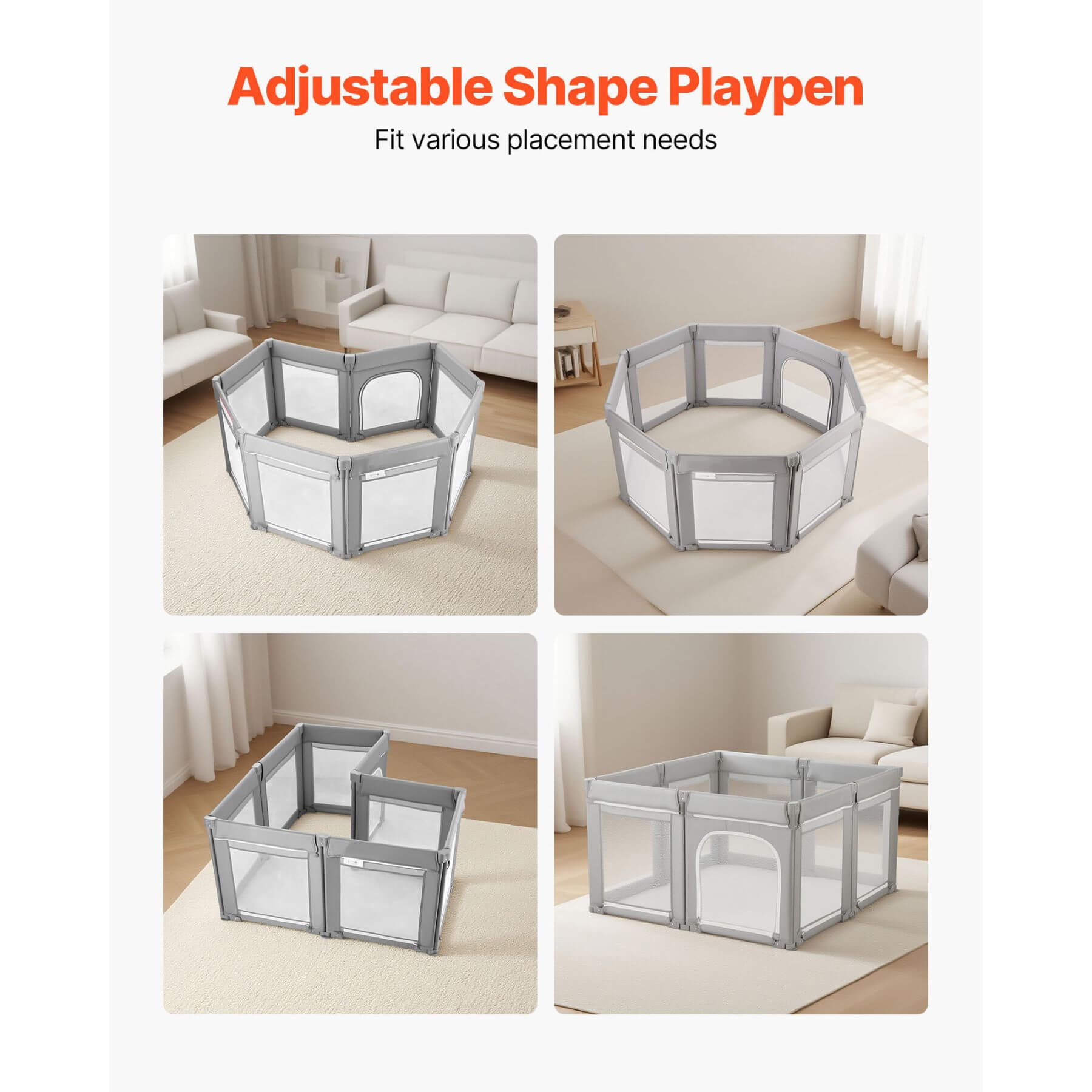 Adjustable shape playpen shown in various configurations in a living room setting.