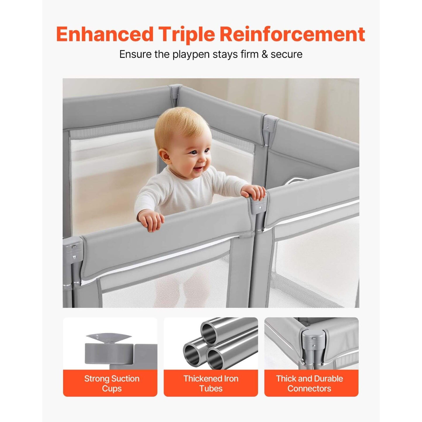 Child in a gray playpen with text about enhanced triple reinforcement and product features.