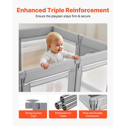 Child in a gray playpen with text about enhanced triple reinforcement and product features.