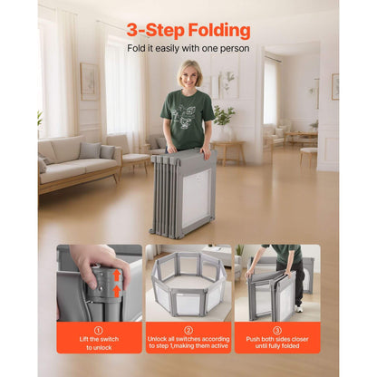 Collapsible baby playpen being folded with step-by-step instructions in a living room setting.