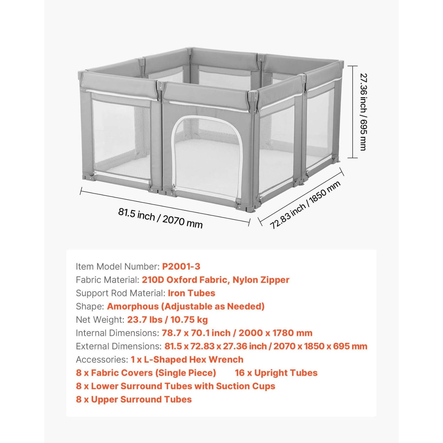 Gray playpen with dimensions and specifications on a white background