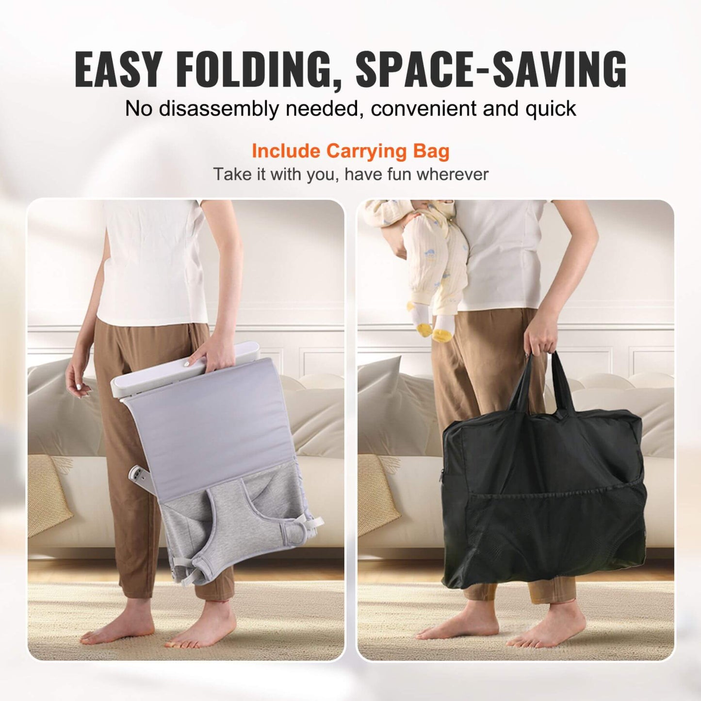 Person carrying a folded baby bouncer and then using a carrying bag, with text highlighting ease of use and convenience.