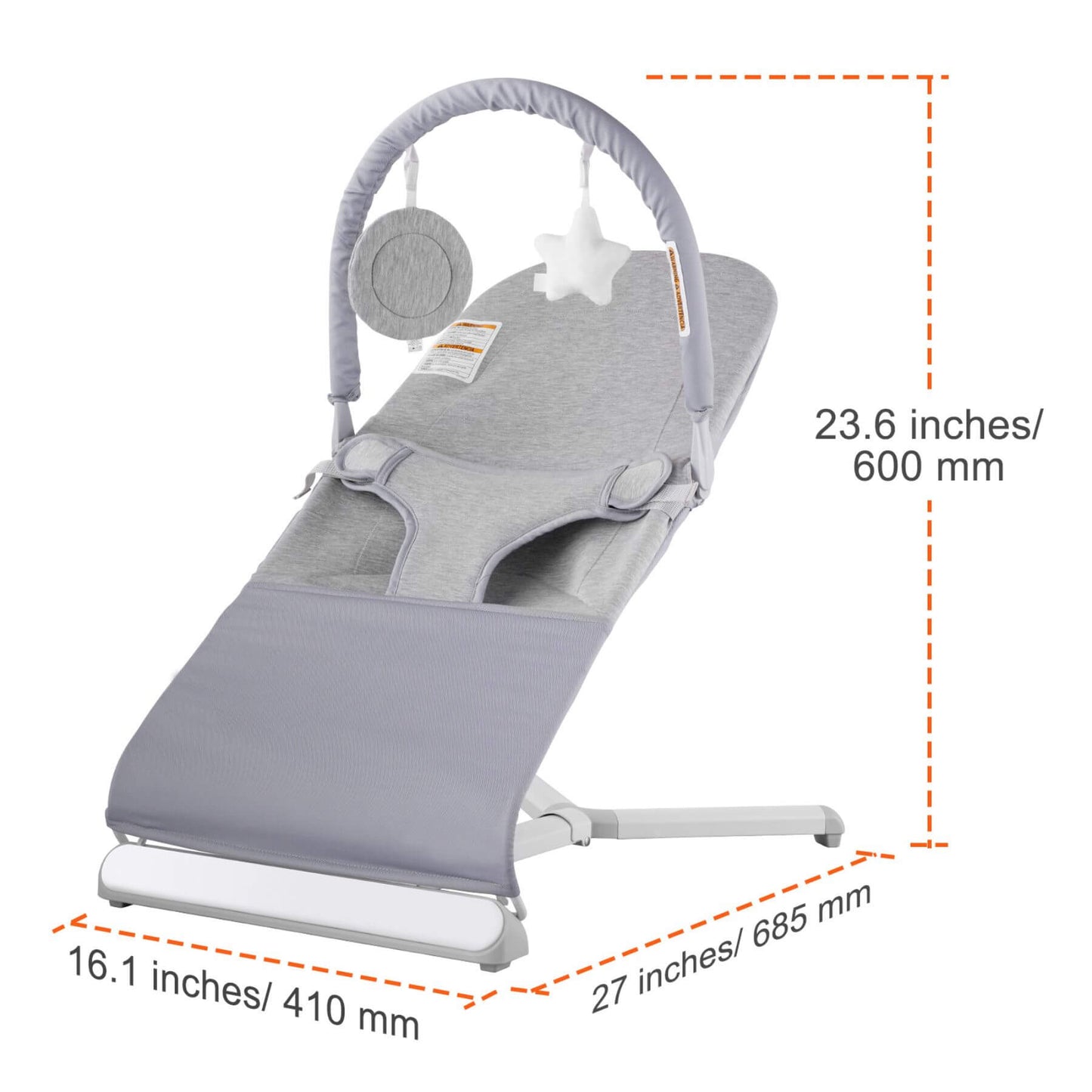 VEVOR Baby Bouncer Seat Chair - Light Gray with dimensions labeled on a white background