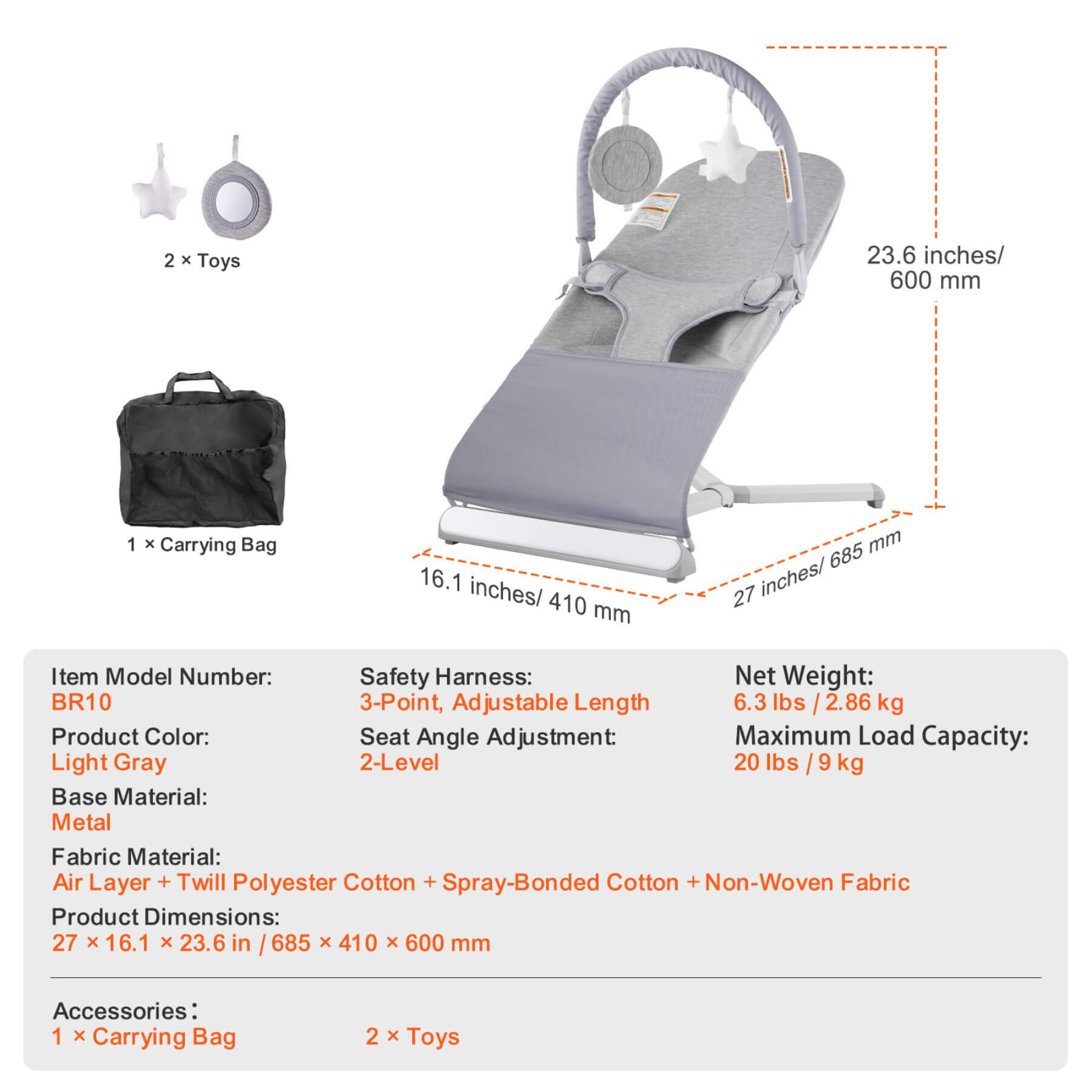 Baby bouncer with toys and carrying bag on a white background