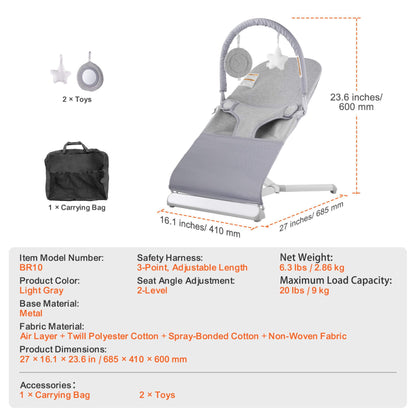 Baby bouncer with toys and carrying bag on a white background