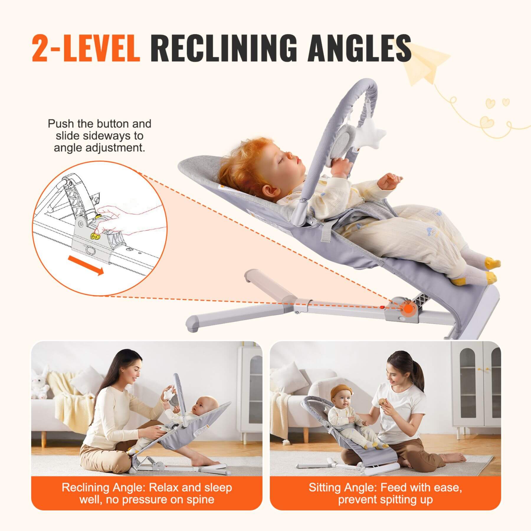 Baby bouncer with 2-level reclining angles feature, showing a child and a woman using it.