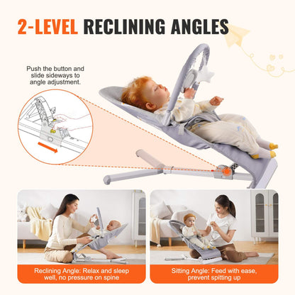 Baby bouncer with 2-level reclining angles feature, showing a child and a woman using it.