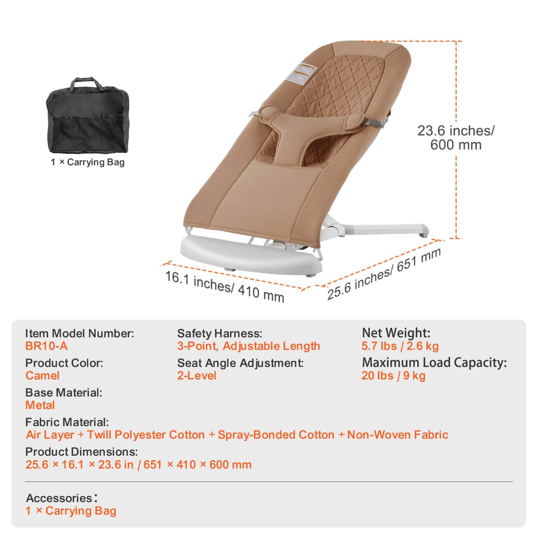 Baby bouncer chair with dimensions and specifications on a white background