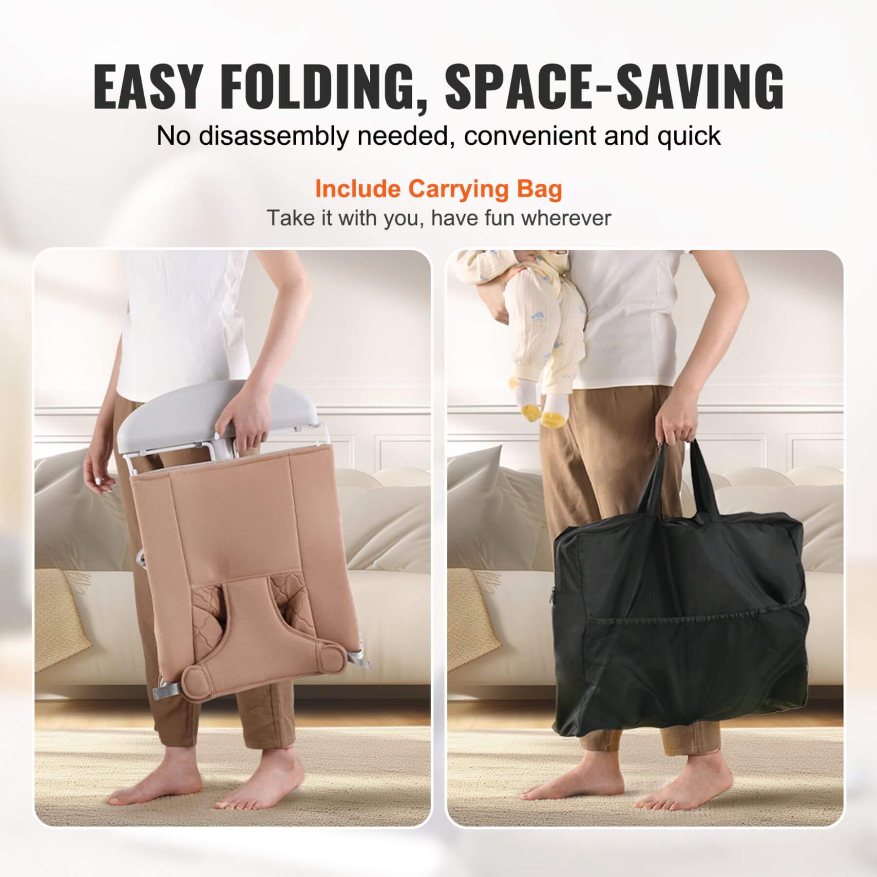 Person holding a folded baby bouncer and carrying bag with text about ease of use and convenience.