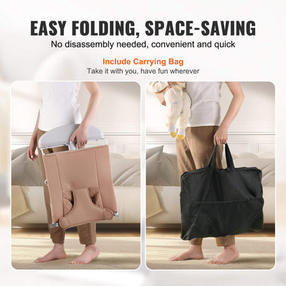 Person holding a folded baby bouncer and carrying bag with text about ease of use and convenience.