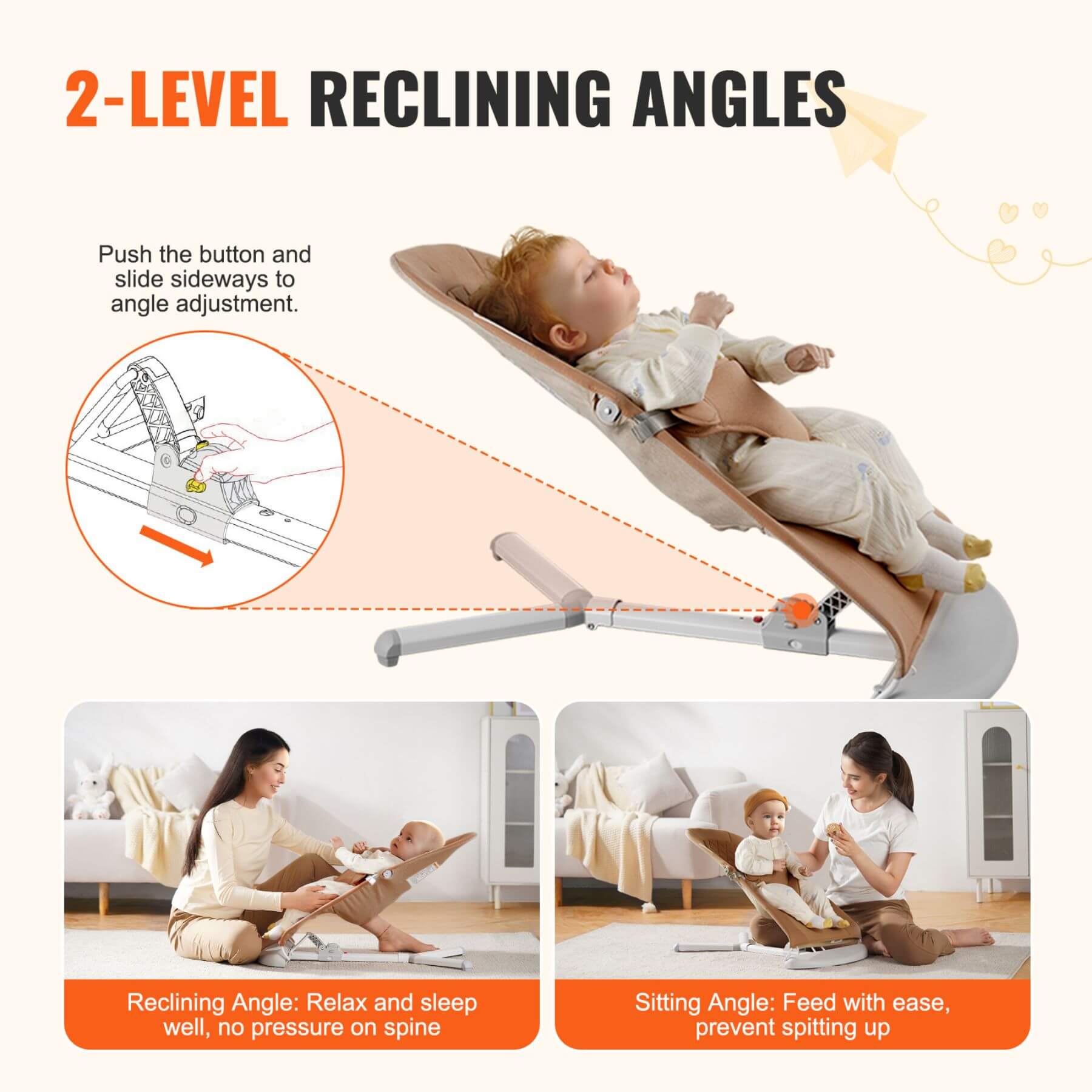 Baby bouncer with 2-level reclining angles and usage scenarios.
