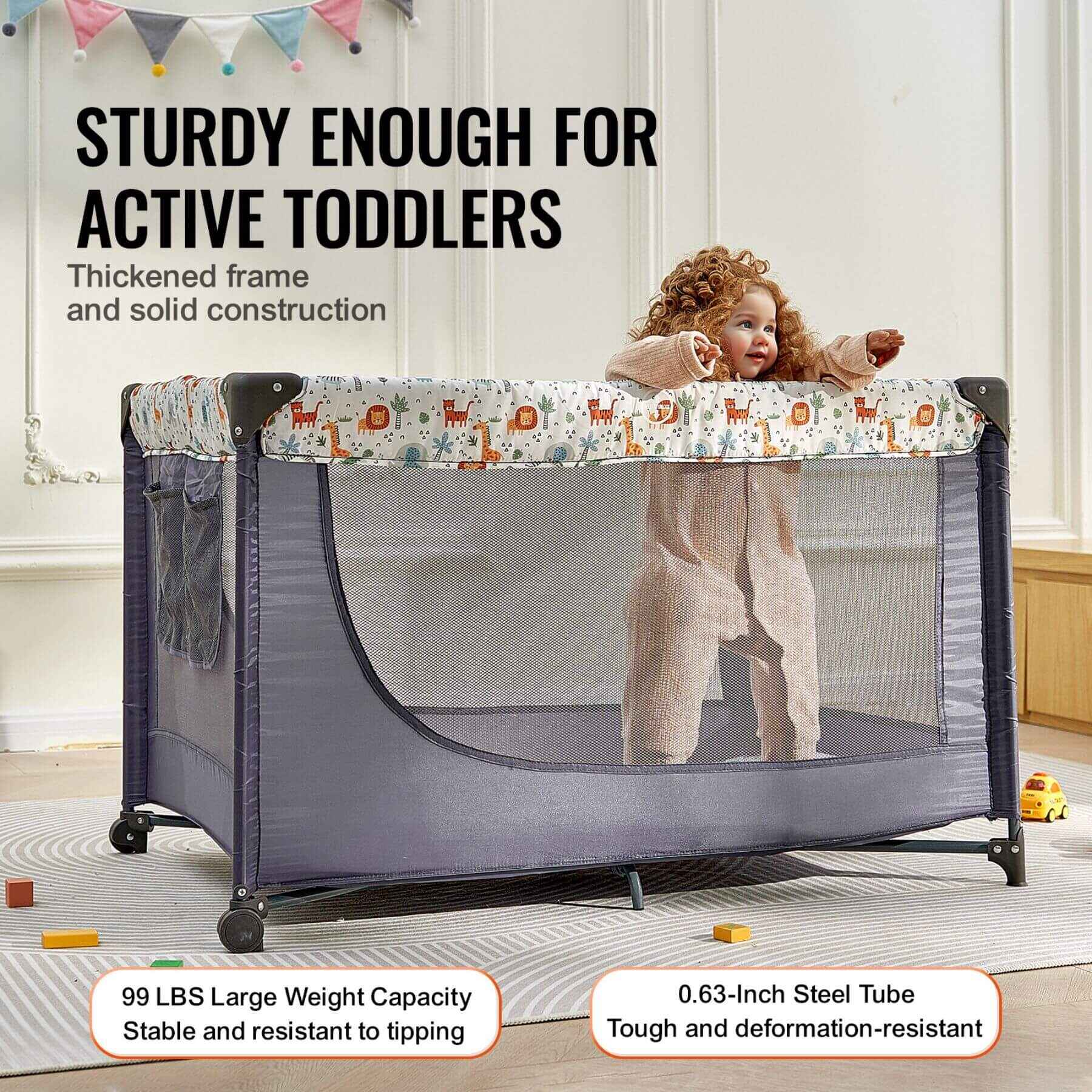 Child standing inside a portable playpen with text highlighting its features.
