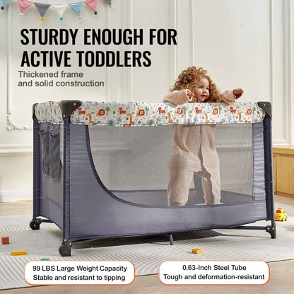 Child standing inside a portable playpen with text highlighting its features.
