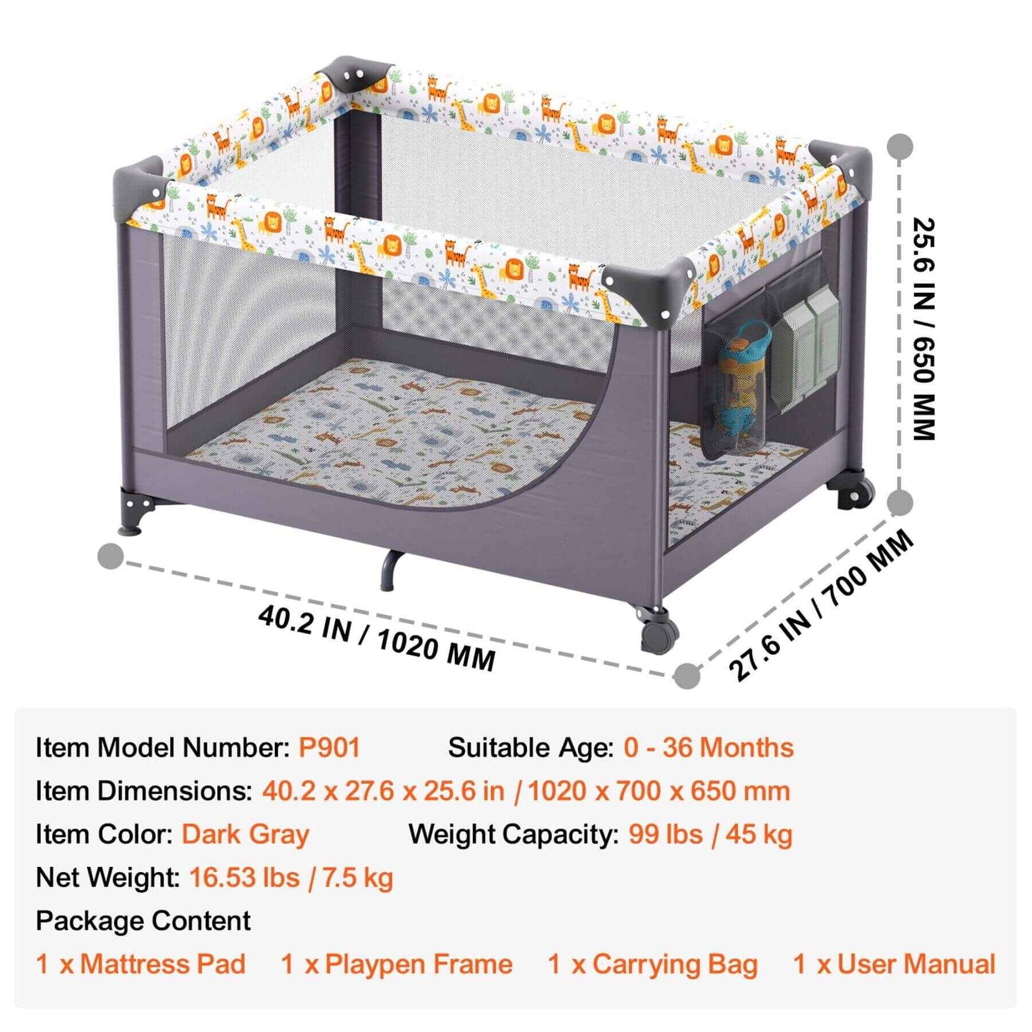 VEVOR Baby playpen with dimensions and specifications on a white background