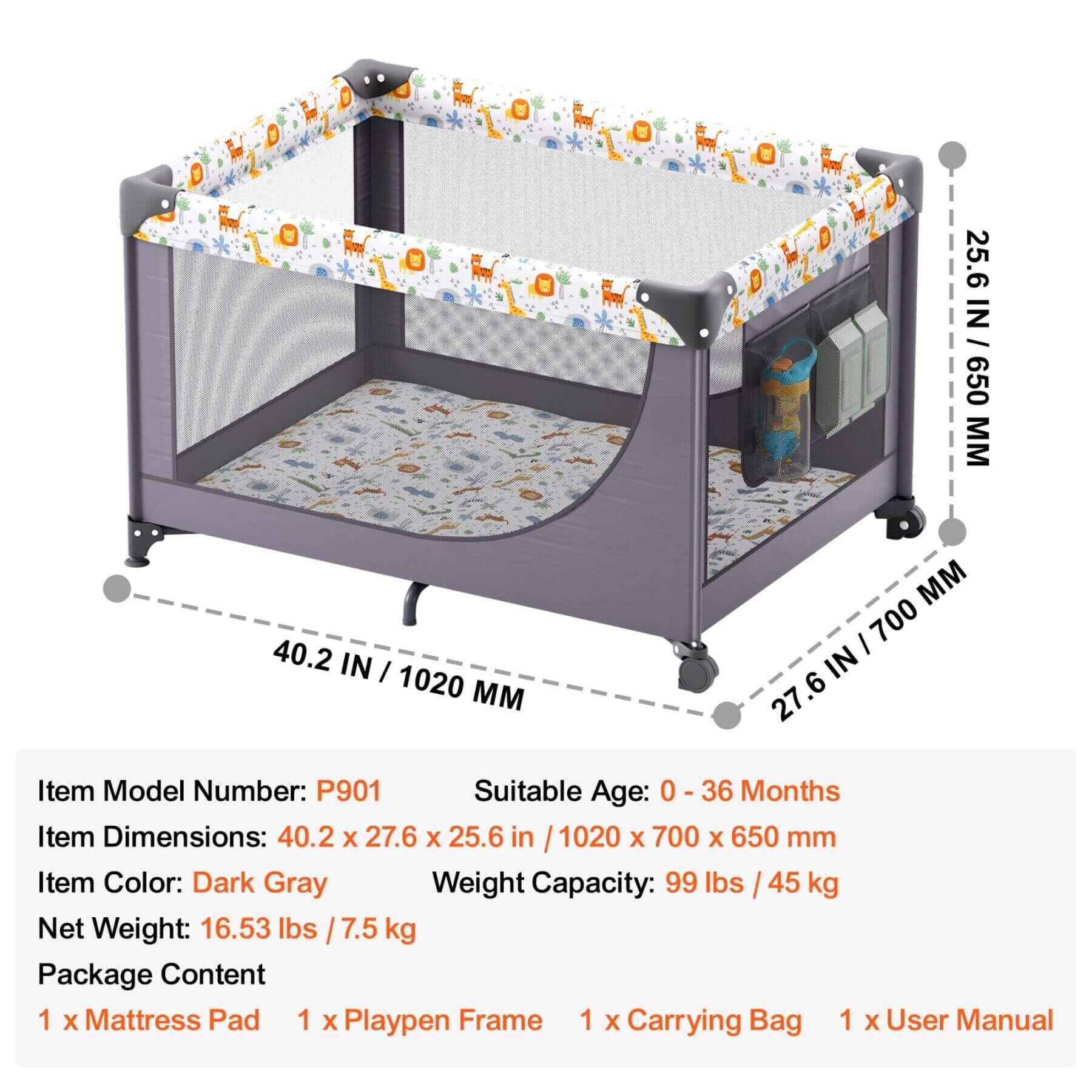 VEVOR Baby playpen with dimensions and specifications on a white background