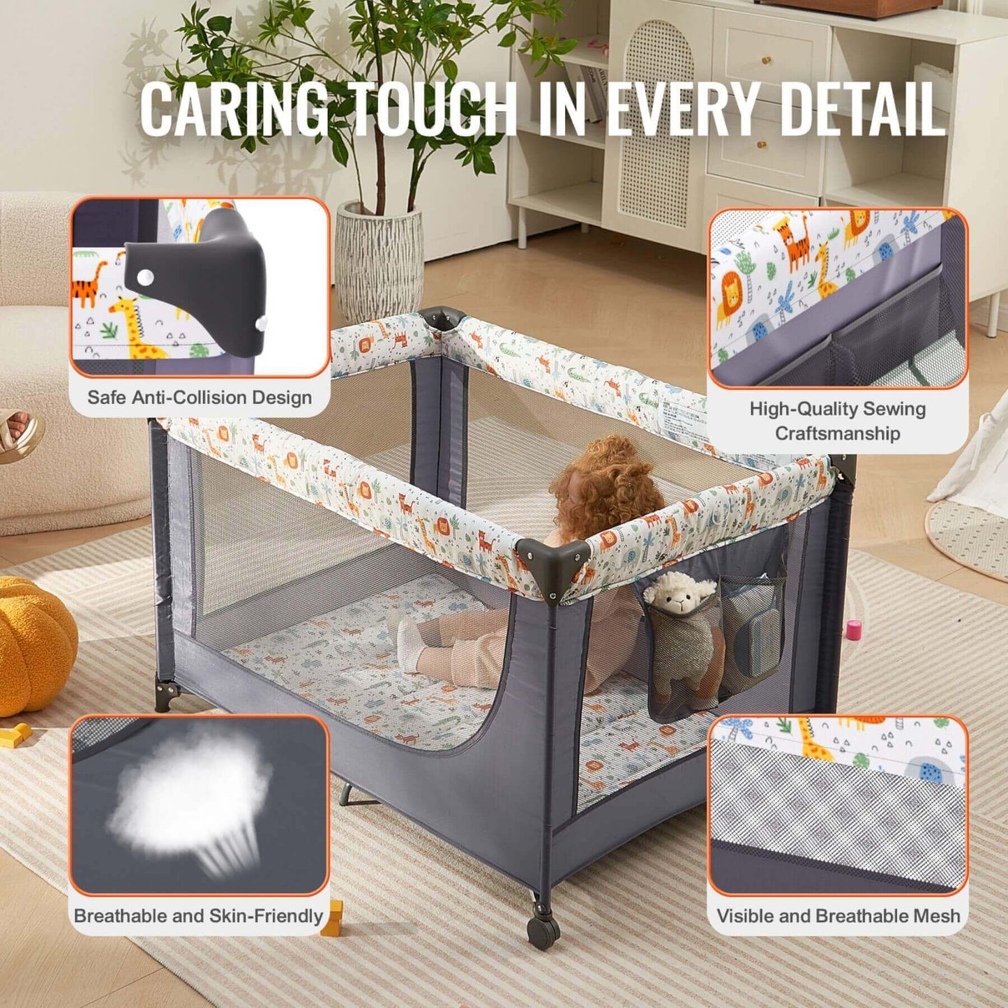 VEVOR Children's playpen with safety features highlighted in a room setting