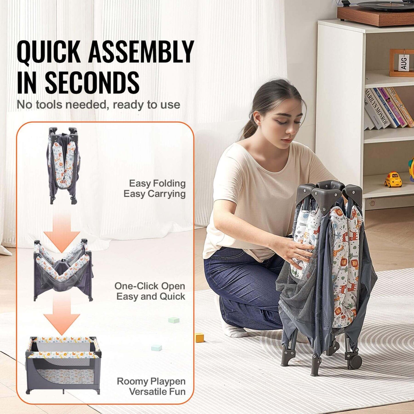Woman assembling a portable playpen with text highlighting features like quick assembly and ease of use.