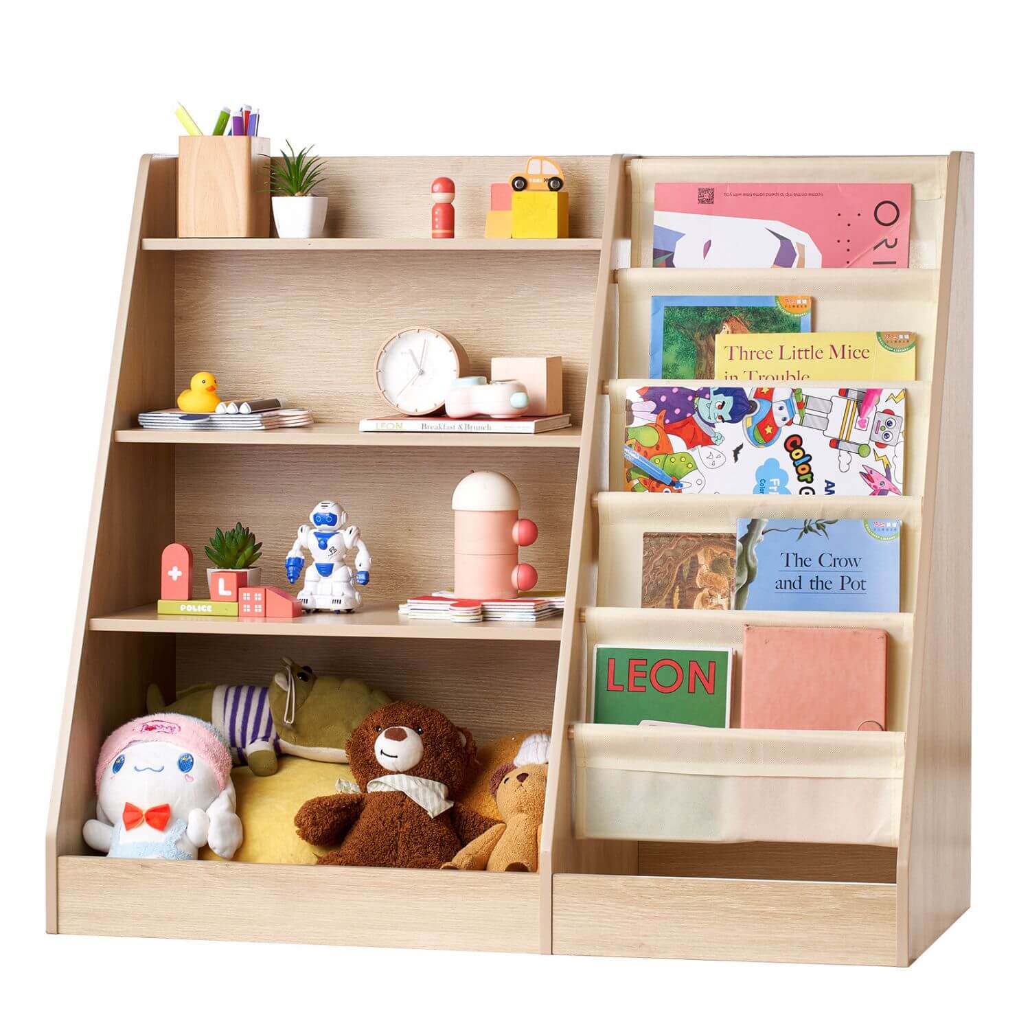 Wooden children's bookshelf with toys and books on a white background