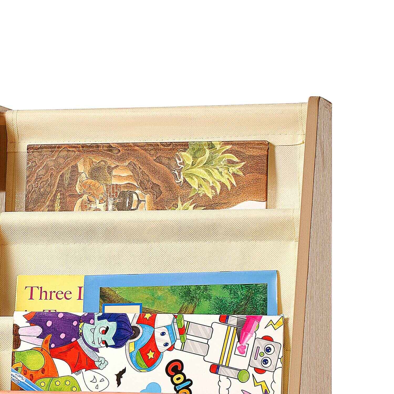 Close-up of VEVOR Wooden Kids Book Shelf with 6-Layer Sling Book Rack - Natural