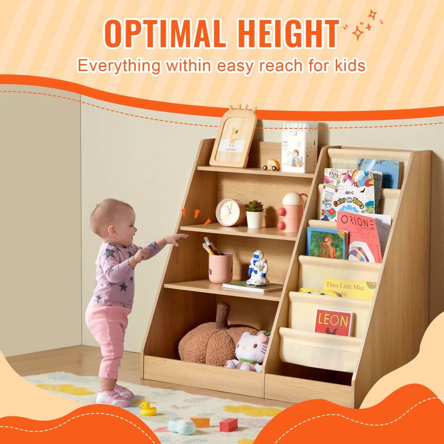 Wooden children's bookshelf with books and toys, featuring a child reaching out to touch it.