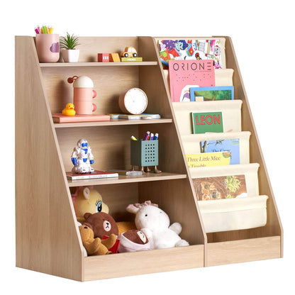 Wooden bookshelf with books, toys, and stationery items on a white background
