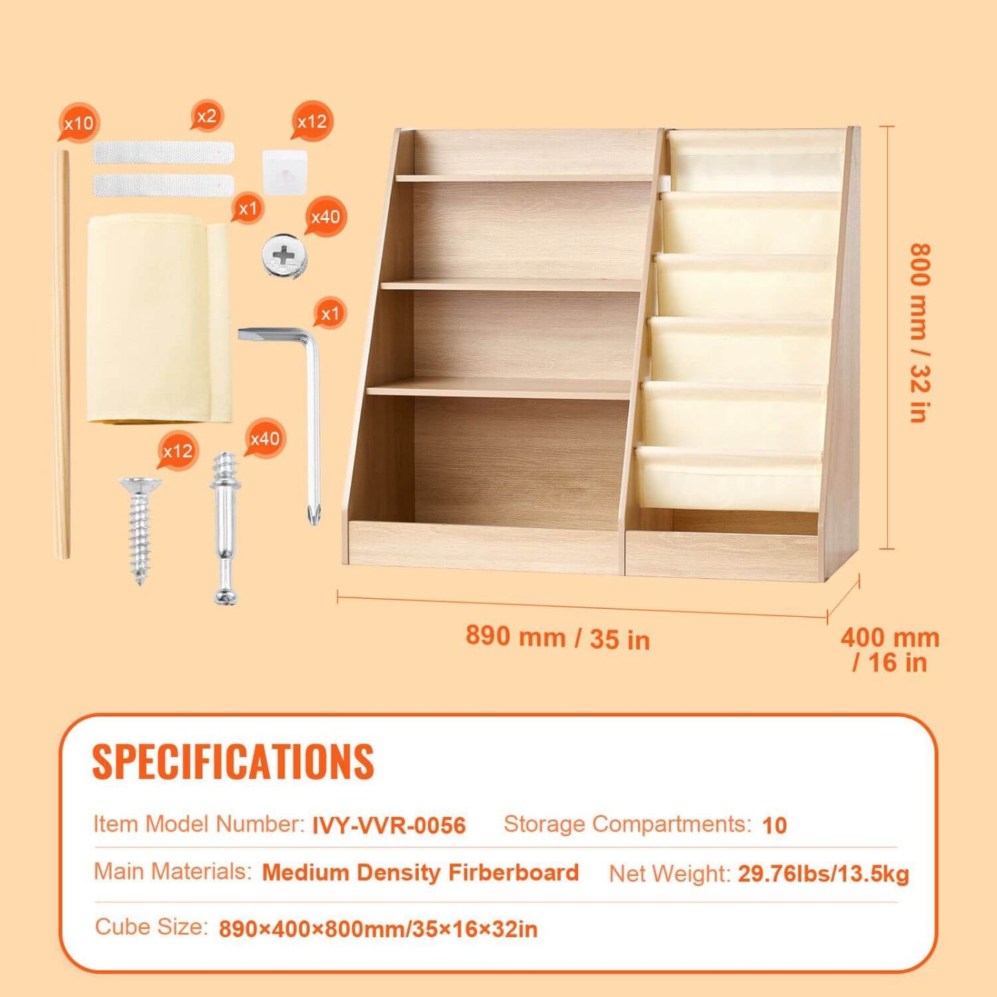 Wooden bookshelf with components and specifications on a beige background