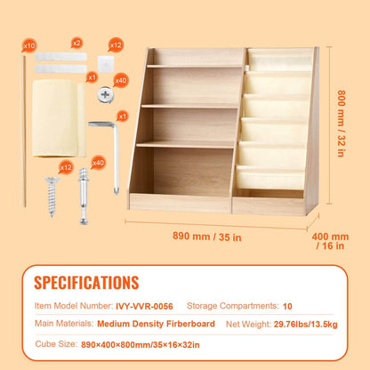 Wooden bookshelf with components and specifications on a beige background