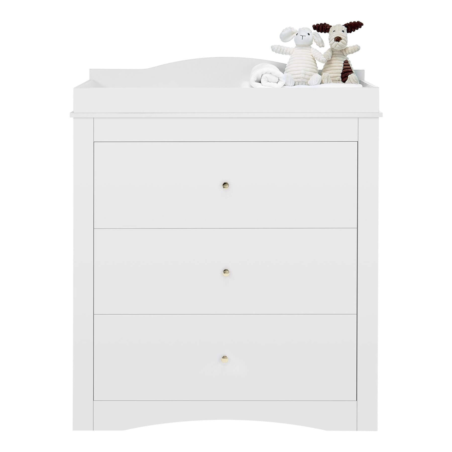 VEVOR Baby Diaper Changing Table Dresser with 3 Drawers, White with two stuffed animals on top