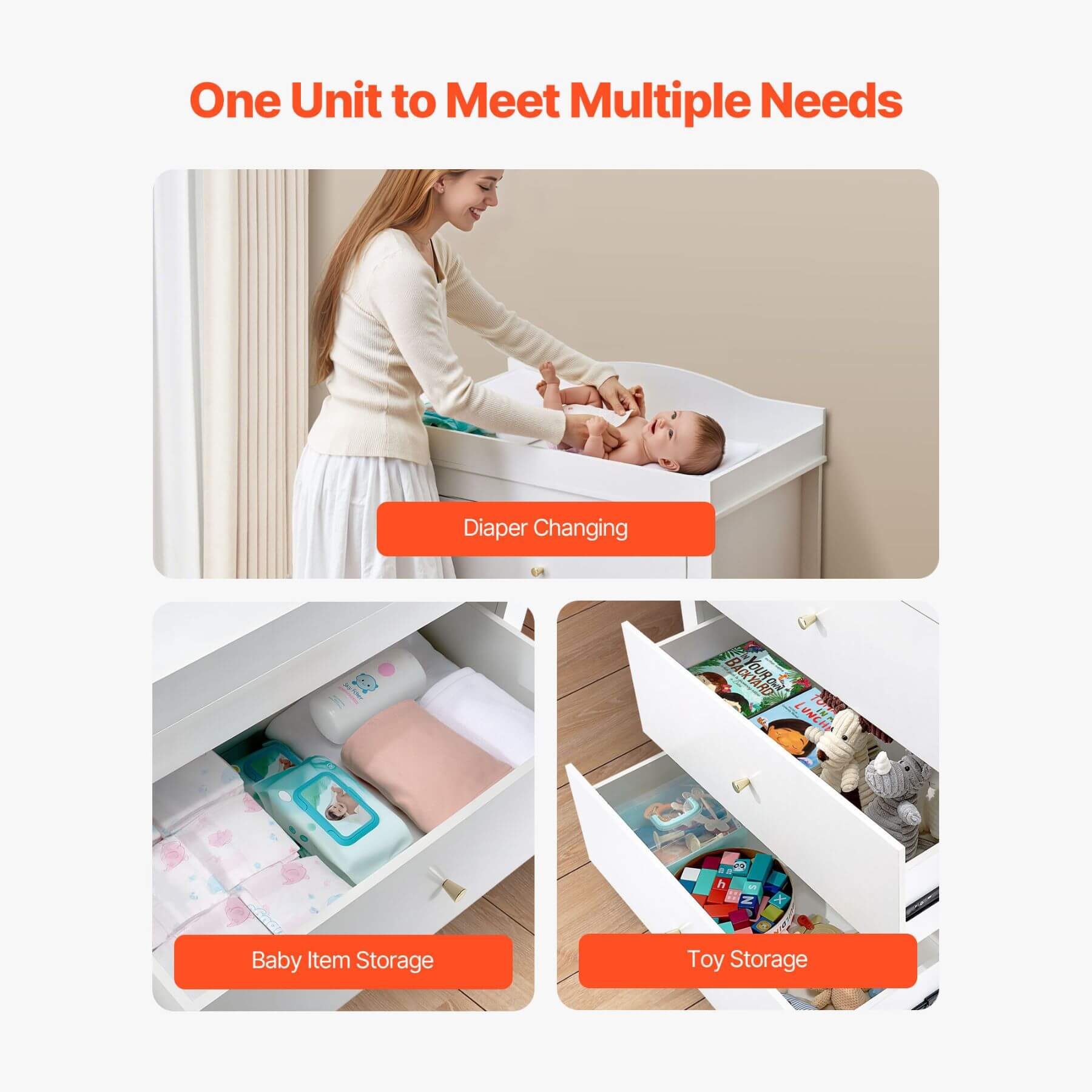 Multi-functional baby changing table with diering, storage, and toy features.