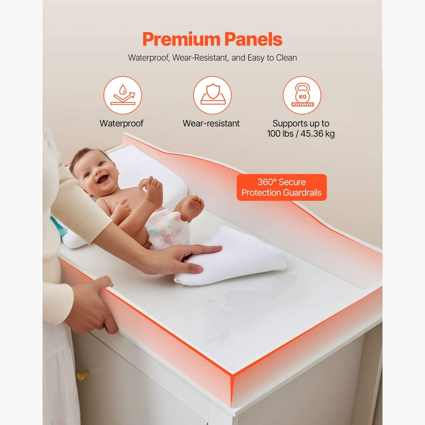 Baby changing table with baby on it, highlighting features like waterproof, wear-resistant, and secure guardrails.