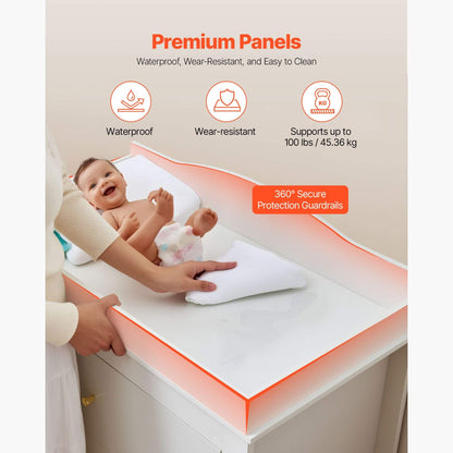 Baby changing table with baby on it, highlighting features like waterproof, wear-resistant, and secure guardrails.