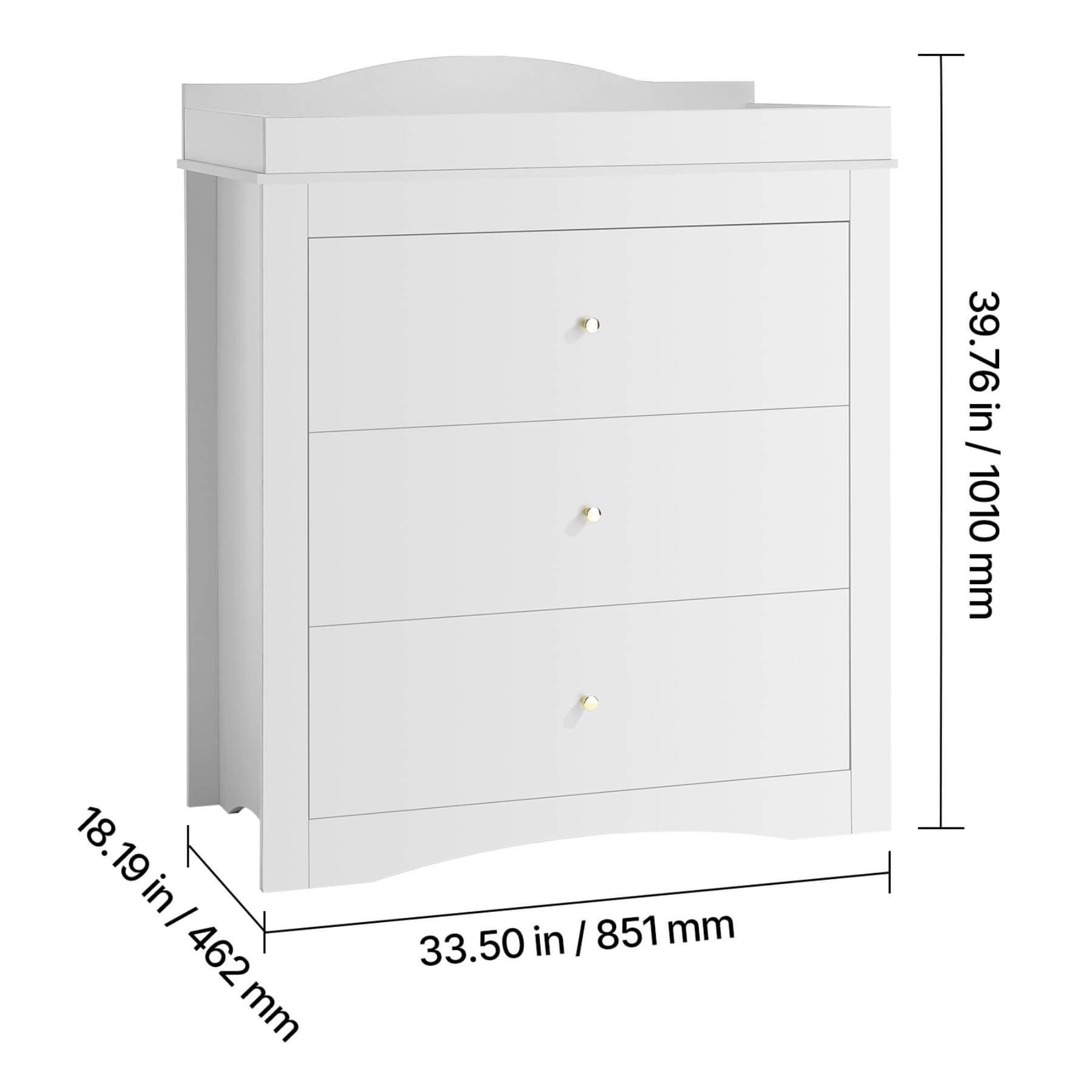 VEVOR Baby Diaper Changing Table Dresser with 3 Drawers - White with dimensions labeled on a white background