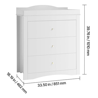 VEVOR Baby Diaper Changing Table Dresser with 3 Drawers - White with dimensions labeled on a white background