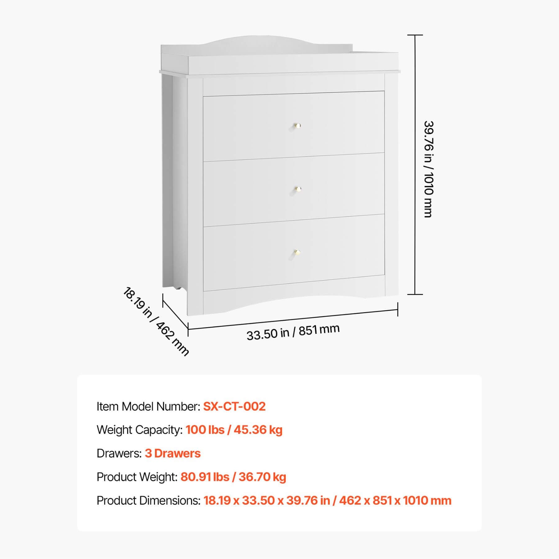 White dresser with dimensions and specifications on a white background