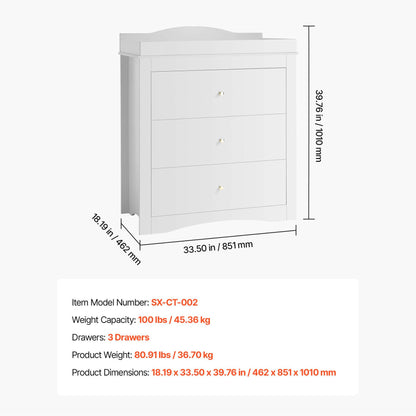 White dresser with dimensions and specifications on a white background