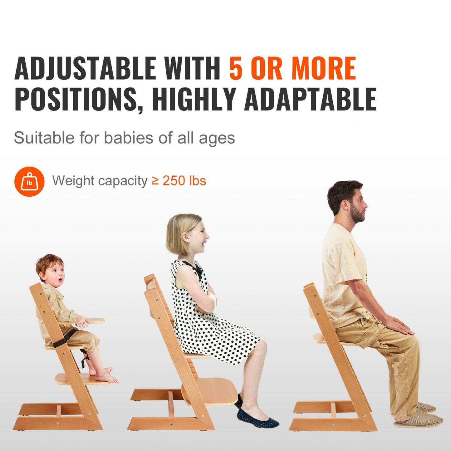 Wooden chair adjustable for multiple users with text highlighting adaptability and weight capacity.